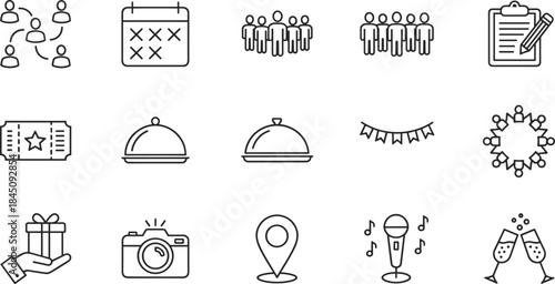 Event planning line icons set, celebration elements, food service, party decoration, group meeting, entertainment, location, photography, gifts, festive activities
