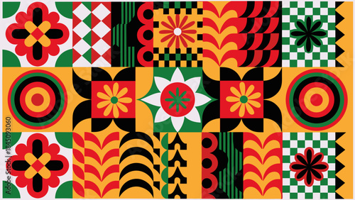 Vibrant geometric pattern with floral motifs in red, yellow, green, and black, featuring various shapes and designs on a white and orange background