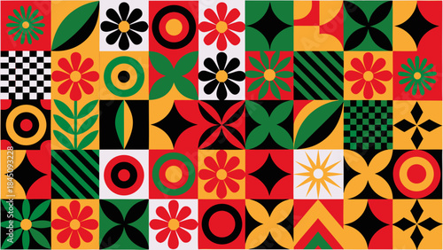 Vibrant abstract floral pattern with geometric shapes in red, green, yellow, and black colors, decorative design elements, seamless tile texture