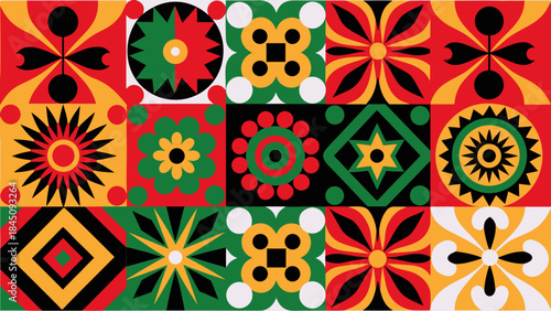 Vibrant mosaic pattern with geometric floral shapes in red, yellow, green, black and white hues for decorative design elements