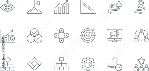 Minimal line business icons, strategy symbols, analytics illustrations, leadership visuals, workflow elements, modern outline style, planning and management graphics
