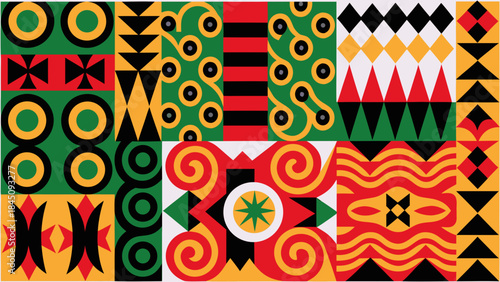 Vibrant african inspired geometric pattern collage with eclectic mix of swirling shapes and bold colors