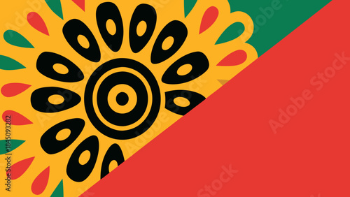 Vibrant abstract design with black concentric circles and teardrop shapes on yellow, red, and green background, geometric pattern