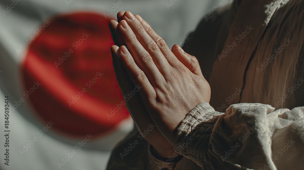 Obraz premium Close-up of hands clasped in Japanese prayer gesture against the Hinomaru flag, embodying cultural gratitude and tranquil solemnity for Japan's founding anniversary.