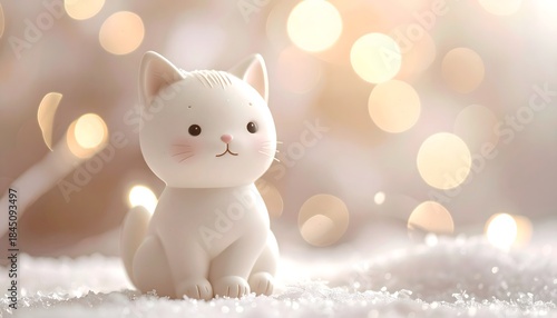 Figura decorativa de gatito blanco adorable sobre nieve con fondo bokeh cálido y atmósfera invernal suave