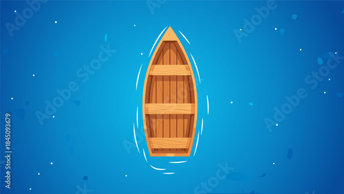 A top-down view of a wooden rowboat floating on a calm blue ocean with small white sparkles.