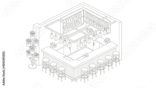 3D office space layout with furniture and equipment.