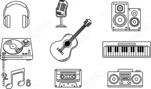 Music instrument and audio equipment line icon collection featuring guitar, headphones, speakers, keyboard, microphone, cassette, and turntable for creative design projects