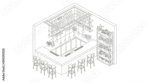 3D office space layout with furniture and equipment.