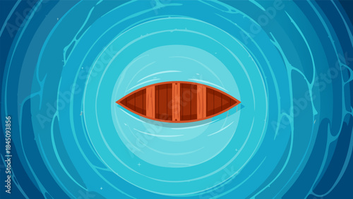 A top-down view of a small wooden rowboat floating on calm blue water with concentric ripples.