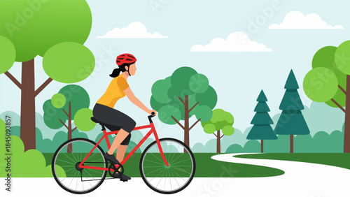 A woman in a red helmet rides a bicycle on a paved path through a park with green trees and a blue sky.