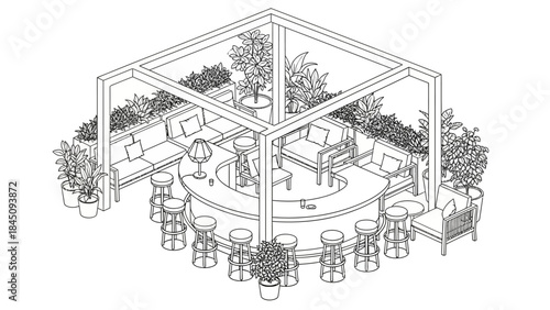 3D office space layout with furniture and equipment.