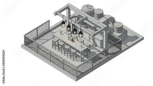 3D office space layout with furniture and equipment.