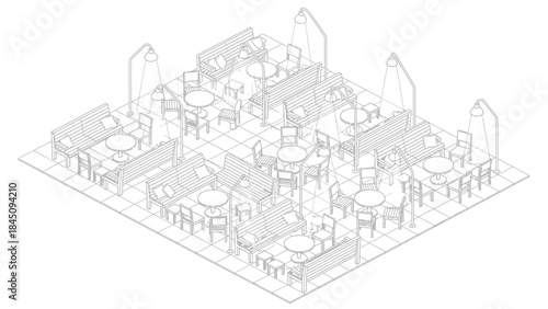3D office space layout with furniture and equipment.