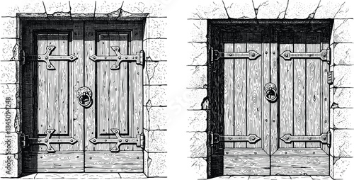 Italian Rustic Wooden Door With Iron Hinges Stone Wall Architectural Engraving Style Vector Illustration Set