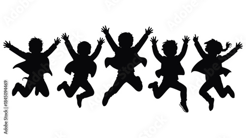 Silhouette of five happy children jumping for joy with arms raised in celebration