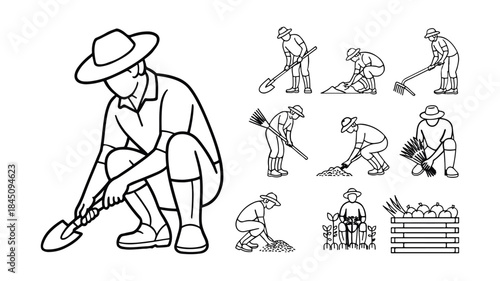 Set of line art icons depicting farmers performing various agricultural tasks such as digging planting raking and harvesting