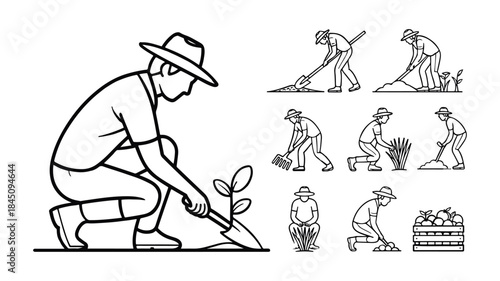 Gardening activities set farmer planting seedling, digging, raking, harvesting vegetables, line art icons