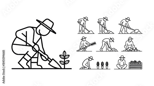 Set of line icons representing farmer activities planting, digging, harvesting, and caring for crops
