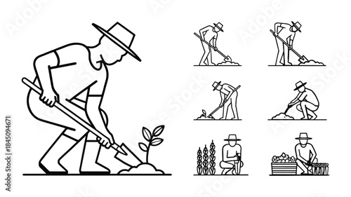 Set of line icons depicting farmers working in a garden or field, including planting, digging, and harvesting activities