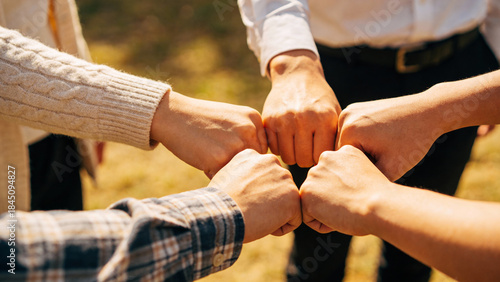 Four people joining hands in a circle outdoors, symbolizing unity and teamwork.