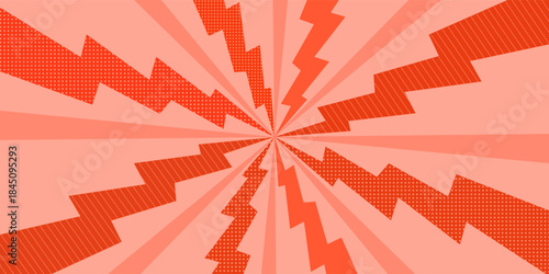 Red comic radial burst background with zigzag lightning shapes and halftone dot patterns creating an energetic pop art explosion. for posters, banners, promotions, ads, stickers, graphic designs.