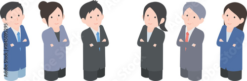 腕組みをして笑顔でこちらを見上げているビジネスパーソンの男女