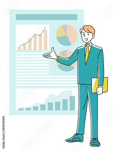 Businessman explaining charts and graphs with presentation data