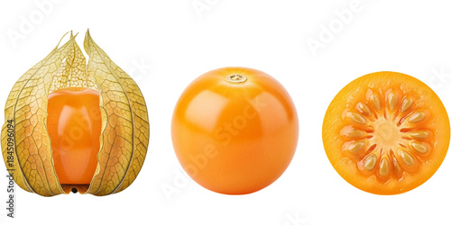 Fresh cape gooseberry physalis fruit displayed with natural husk whole fruit and sliced section showing juicy orange flesh seeds and papery texture ideal for botanical and food design visuals