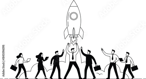 Business launch icon vector—black silhouette of team celebrating rocket liftoff for entrepreneurship, innovation, and startup success visuals