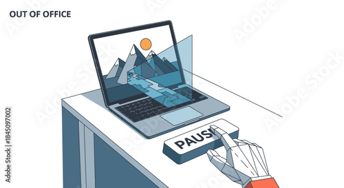 Robot hand pressing a pause button on a desk with a laptop displaying a mountain landscape, symbolizing a break from work.