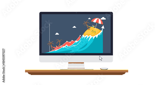 Computer screen displaying a cartoon island with a rising graph and waves, symbolizing growth and vacation