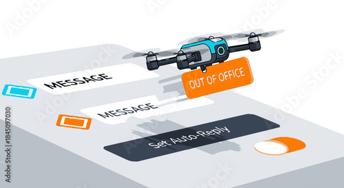 Drone delivering an 'Out of Office' message to set auto-reply for business communication and remote work