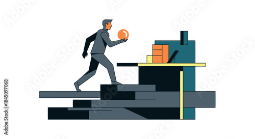 Businessman climbing stairs holding a crystal ball, symbolizing future planning and strategy