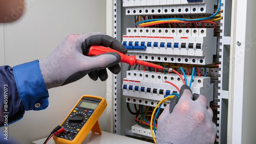 Electrician at work, Repairing the system, Following safety rules, Typical industrial work, Performing routine maintenance, Electrician works panel, Wearing safety gloves