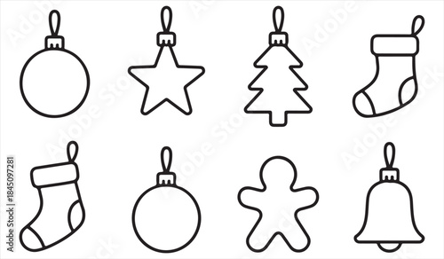 Christmas outline ornament icons with bauble tree star and stocking