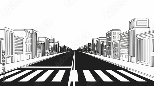 City Street Perspective with Buildings and Road.