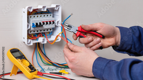 Photography electrician working in electrical panel