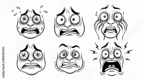 Collection of Six Terrified and Scared Faces Expressing Extreme Fear and Horror.