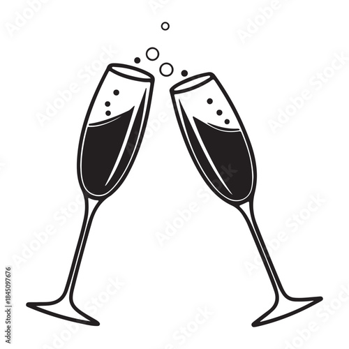 Two champagne flutes Silhouette toasting celebration isolated on white background festive event