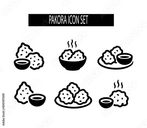 Pakora Fritters Black and White Icon Set with Sauce Minimal Vector Style