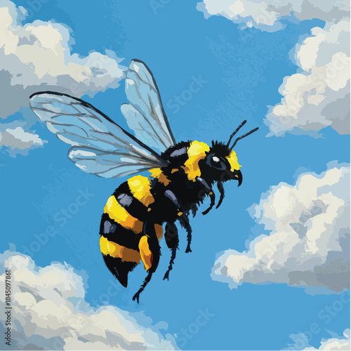 A detailed illustration of a bumblebee in flight.