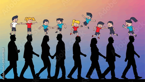 Diverse group of people walking together in a line.