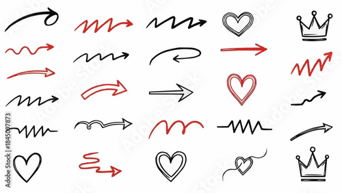 Collection of Hand Drawn Arrows Hearts and Crowns Icons.
