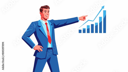 Businessman points to upward trending financial graph showing growth.