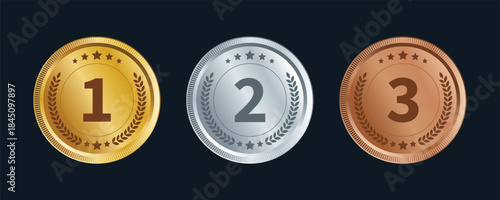 Set of Gold, Silver and Bronze Award Medals, Realistic Metallic Gradients and 1st, 2nd, 3rd Place Medals Isolated on White Background. 3d Vector. 