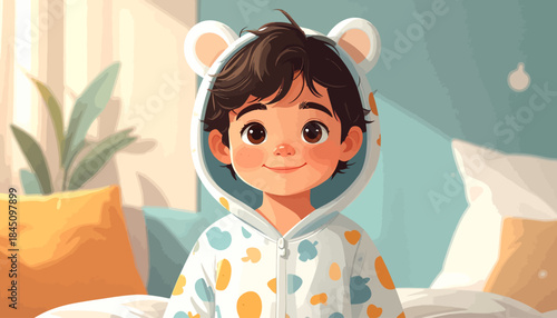 Adorable young child with bright eyes and a sweet smile, dressed in a charming bear-eared hooded pajama suit, creating a heartwarming scene of innocence and comfort in a softly lit bedroom setting