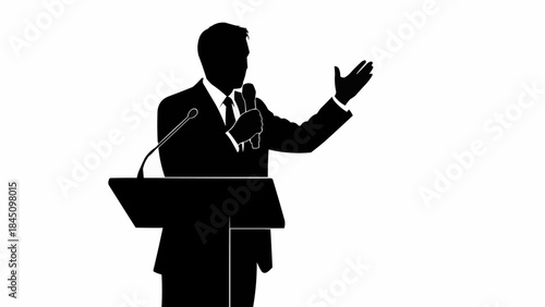 Silhouette of a man giving a speech at a podium with a microphone.