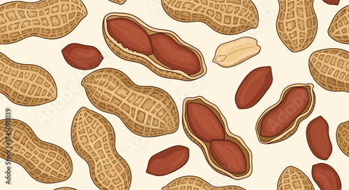 Seamless repeating pattern of illustrated peanuts, including whole shells, cracked shells, and shelled kernels on a beige background.
