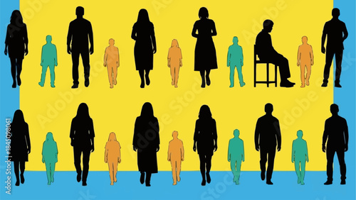 Diverse group of people in silhouette standing and sitting.